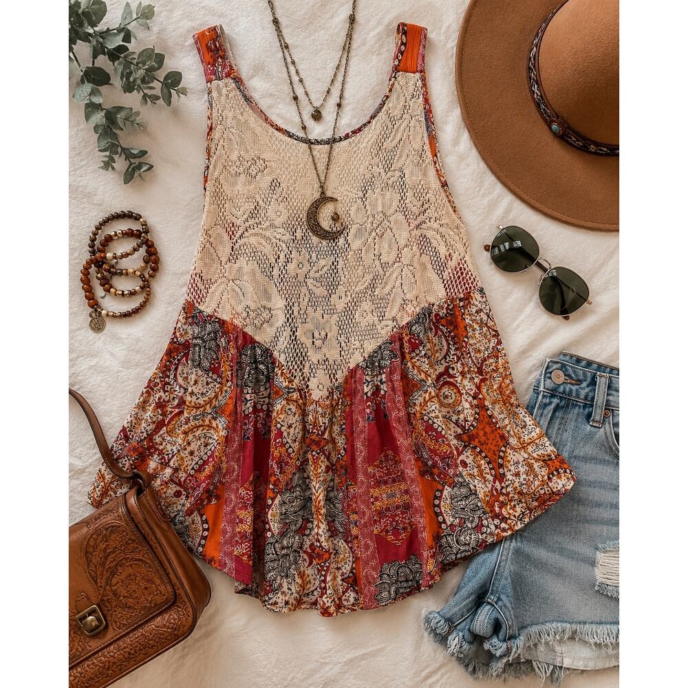 Free People Intimately Oversized Boho Paisley Lace Tunic Top Tank Small Relax